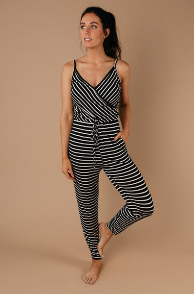 Black & White Striped Surplice Jumpsuit