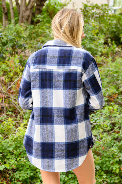 Jayne Brushed Plaid Button Down Shacket In Navy