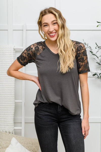 Lace Detail Short Sleeve Tee In Gray