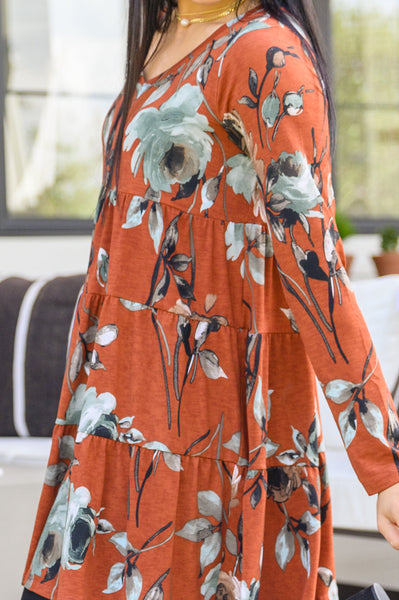 Lovely Meeting Tiered Floral Dress In Rust