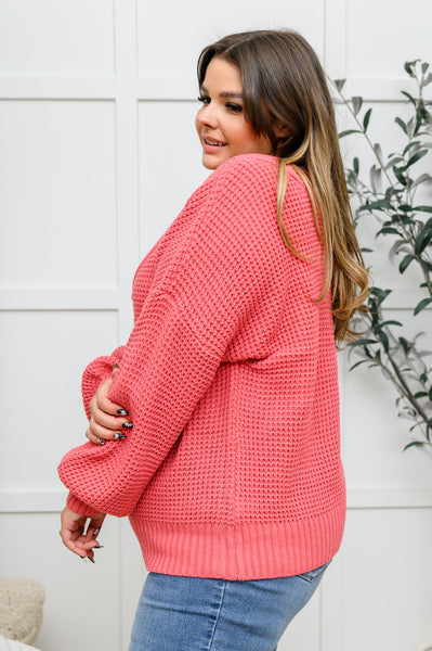 Wide V Neck Waffle Knit Sweater In Rose