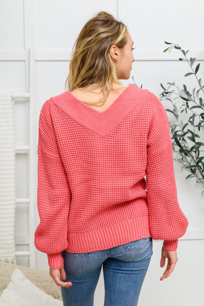 Wide V Neck Waffle Knit Sweater In Rose