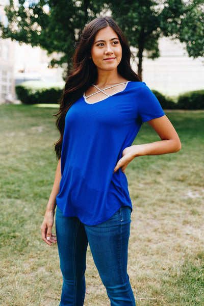 Contrasting Criss Cross Tee In Royal + Gray